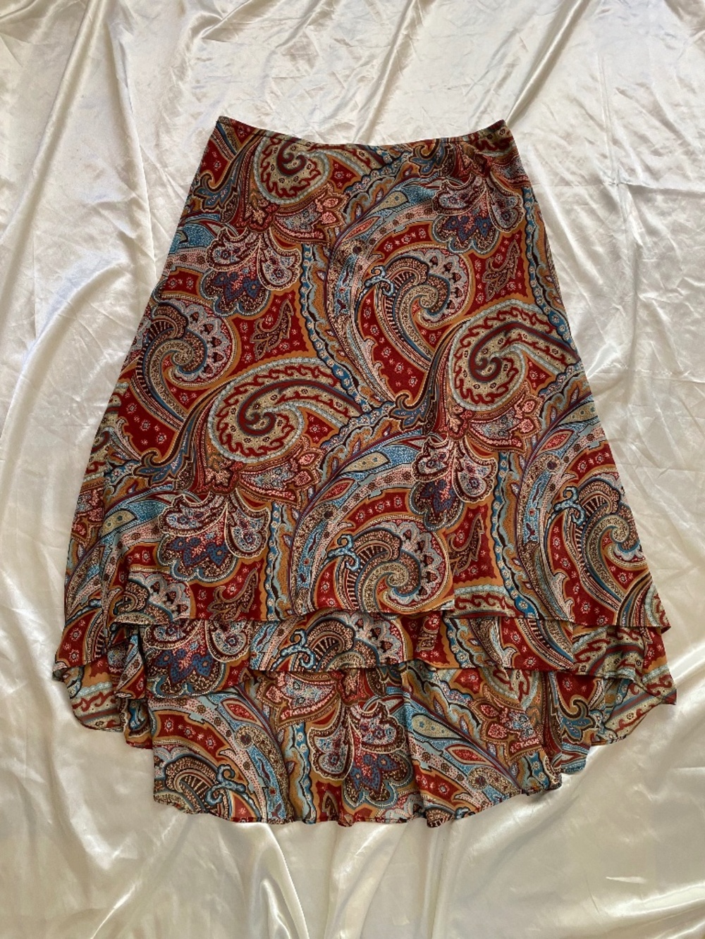 Vintage y2k Orange Blue Paisley High Low Layered Boho Skirt Size 14